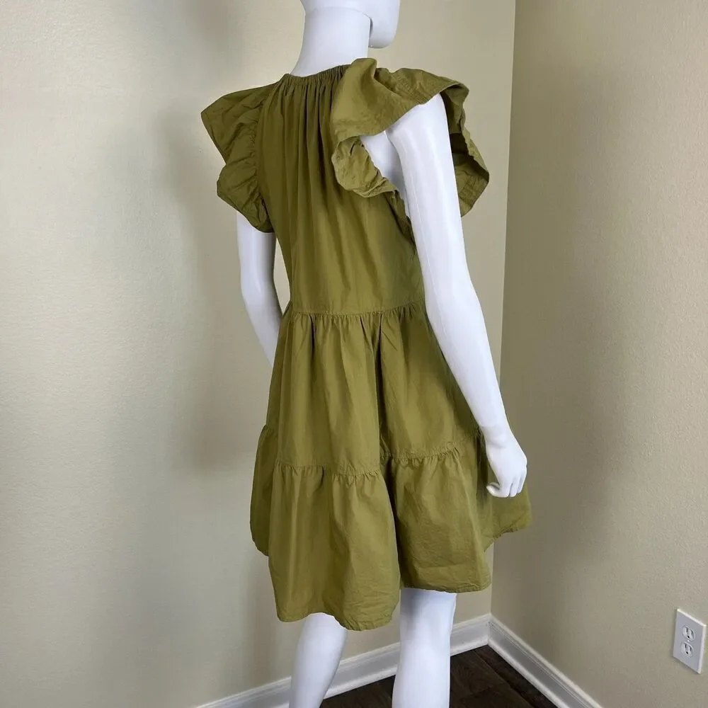 Marie Oliver Women Size XS Green Kara Tiered Cotton Babydoll Mini Pullover Dress